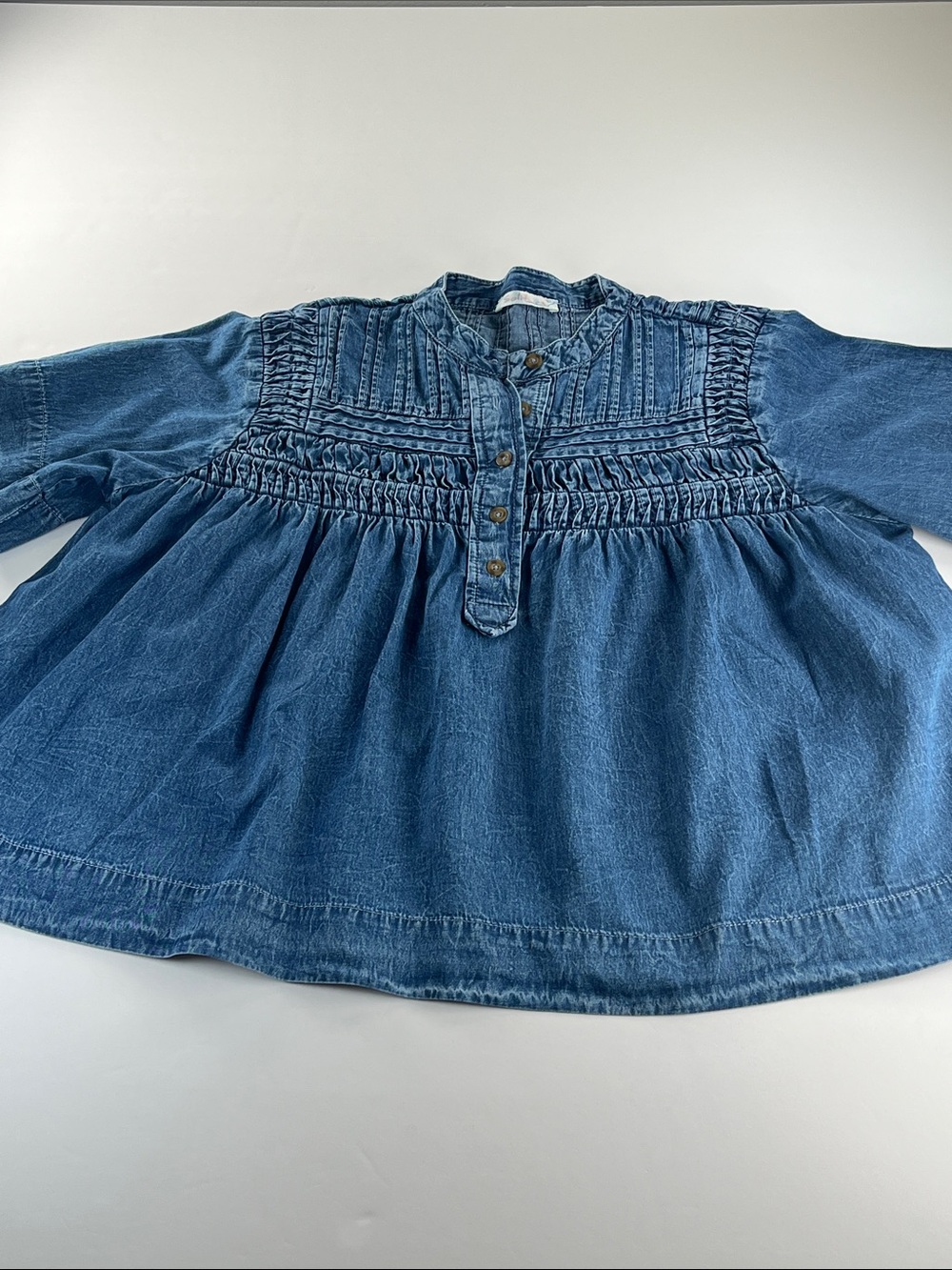 Solitaire pheasant boho Denim Cotton Smocked Button-Front Blouse Sz XL